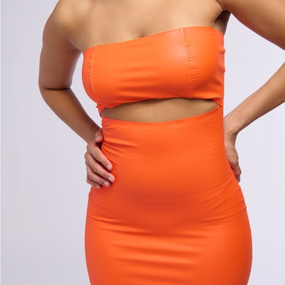 AKIRA Pleather Cut Out Midi Dress Vibrant Orange Strapless Baddie Club Going Out - Picture 6 of 16